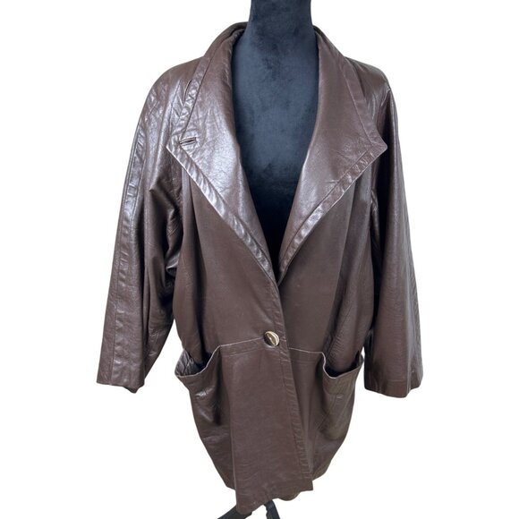 Vintage Marvin Richards Brown Leather Trench Coat Women's L Jacket Grunge 90s Y - Picture 1 of 16